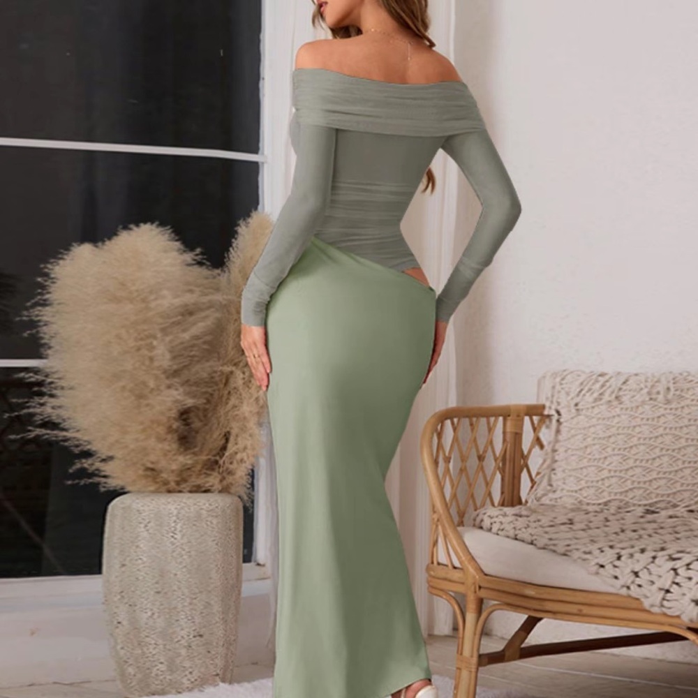 Elegant Off-Shoulder Sage Green Dress - Picture 2 of 8